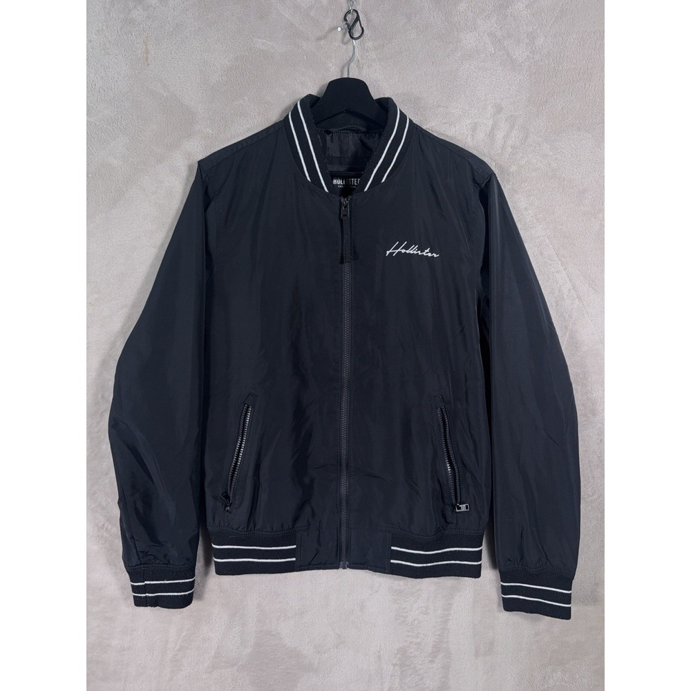 Hollister Bomber Jacket Mens Small Black Varsity Full Zip Lightweight Y2K